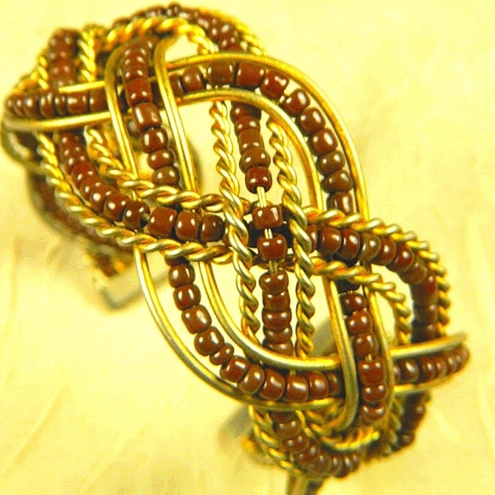 Artisan Hand Twisted Wire Cuff Bracelet Gold Tone Brown Glass Beads Boho Gypsy